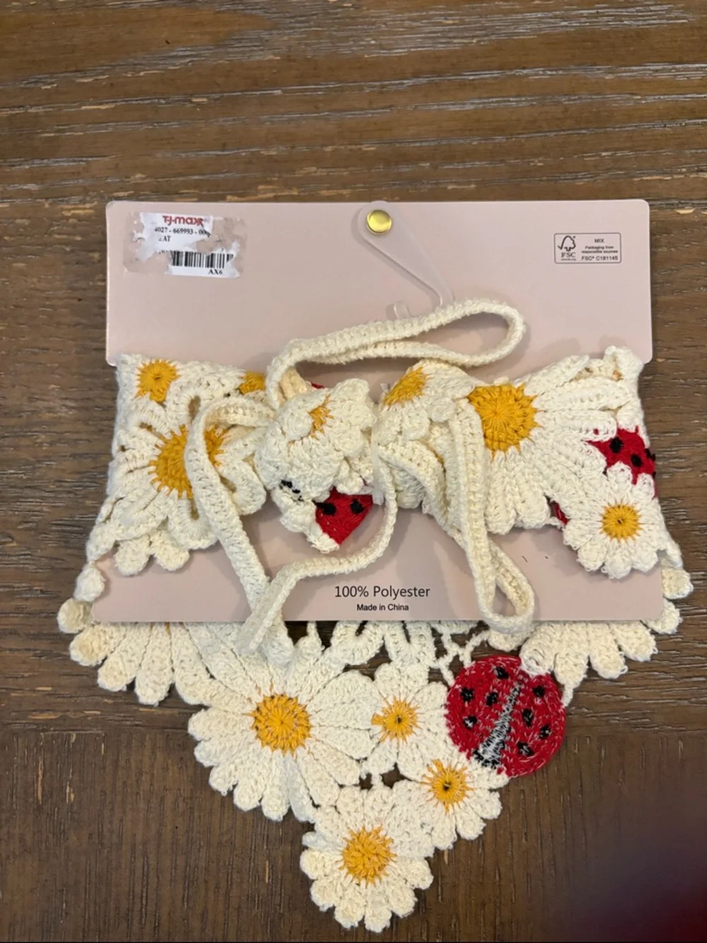 Piper Crochet Daisy Hair Scarf with Red Ladybug Appliqués